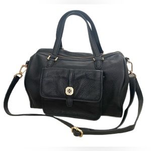 Tory Burch Clay Satchel Handbag/Accessories Black Leather Gold Hardware